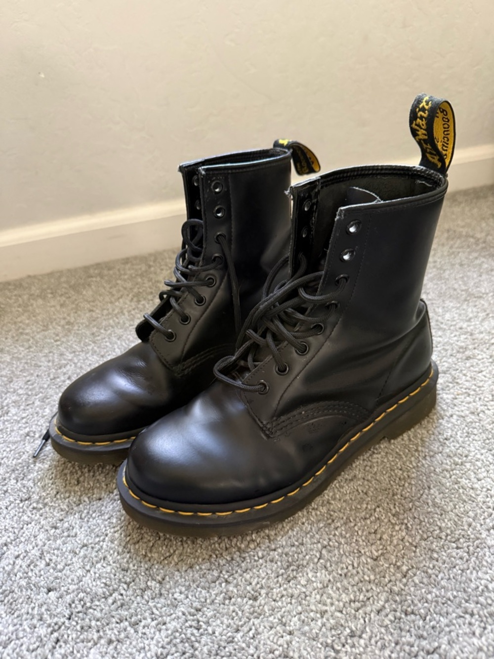 Dr. Martens Black Leather Lace-Up Boots with Yellow Stitching